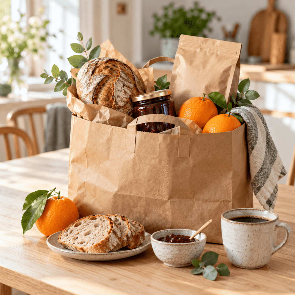 Paperikassiin koottu aamupalalahja, jossa on leipää, kahvia, hilloa ja appelsiineja.