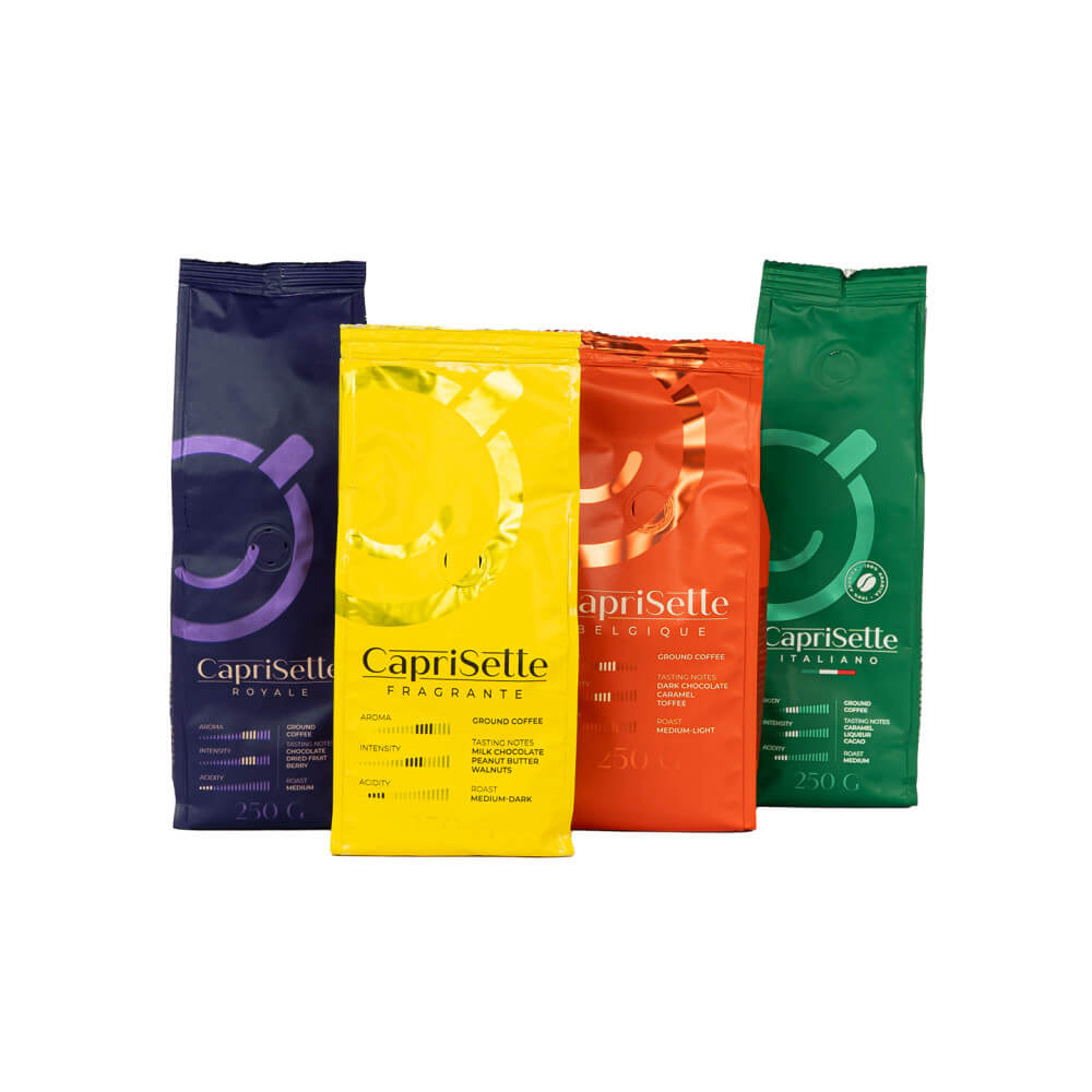 Lajitelma jauhettua kahvia Caprisette, 4 x 250 g